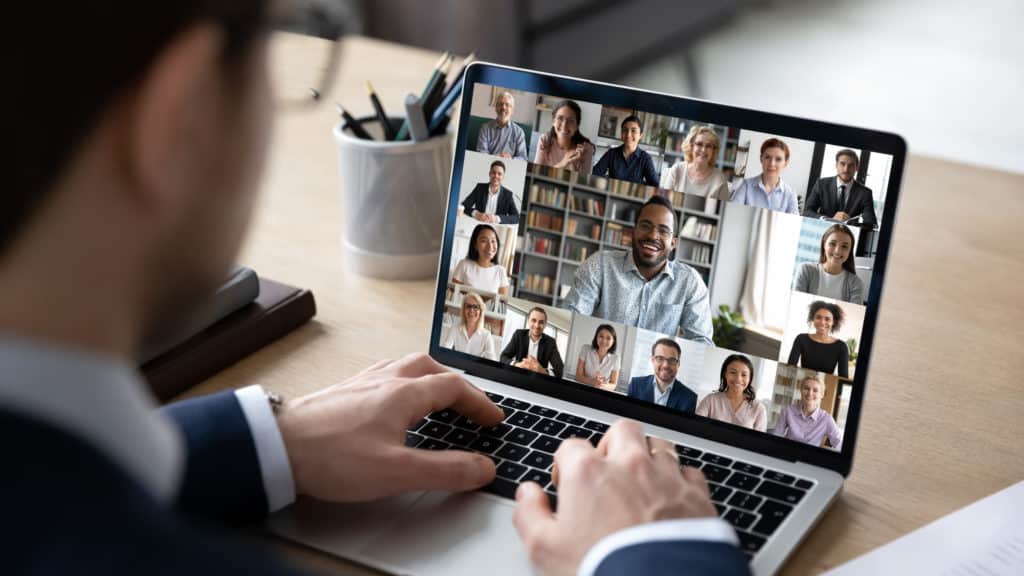 Virtual conference with lots of diverse businesspeople