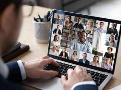 Virtual conference with lots of diverse businesspeople